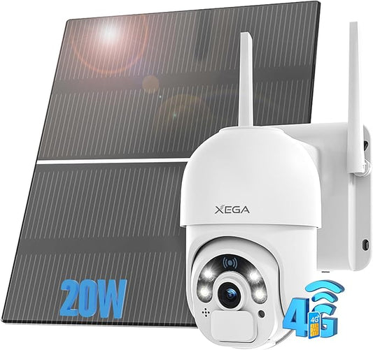 【Carte SD 128G en cadeau】Xega 4G LTE Solar Surveillance Camera with SIM Card 20 W Solar Panel, 24/7 Continuous Recording