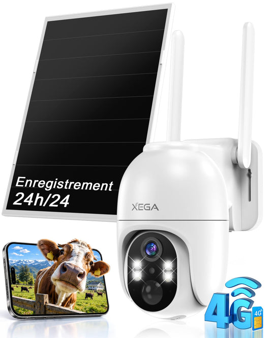 Xega 4G LTE Caméra Surveillance Solaire avec Carte SIM,Enregistrement 24h