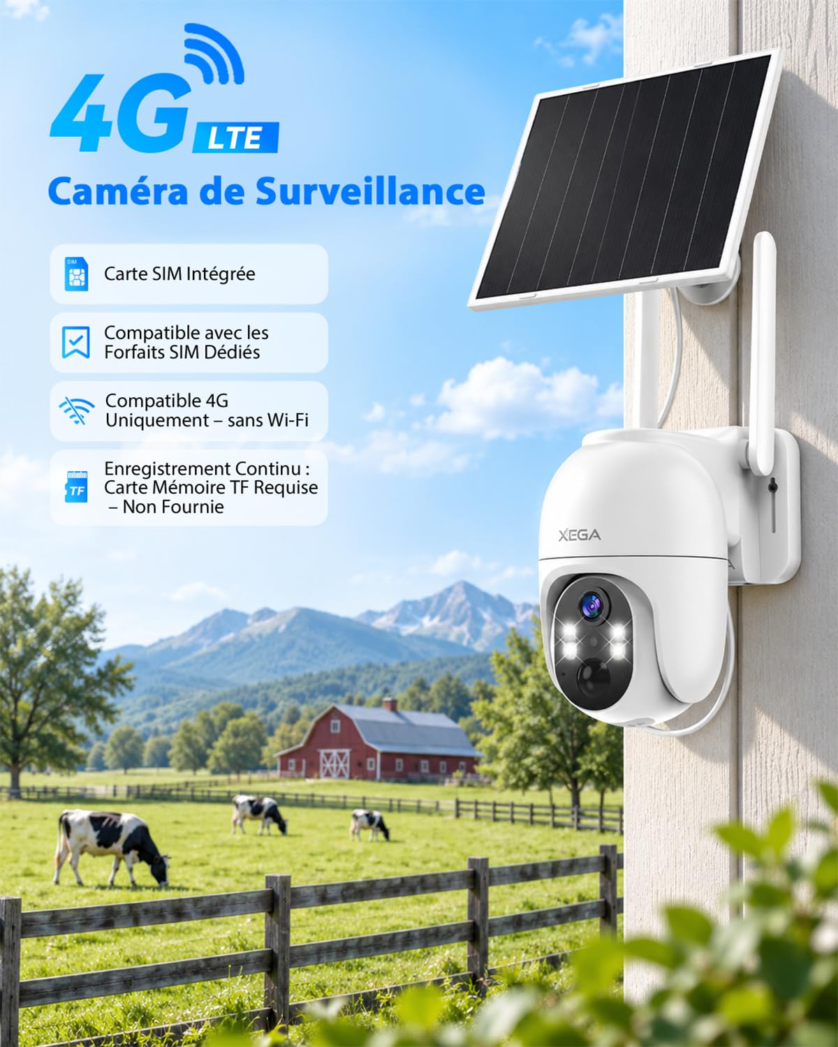 Xega 4G LTE Caméra Surveillance Solaire avec Carte SIM,Enregistrement 24h