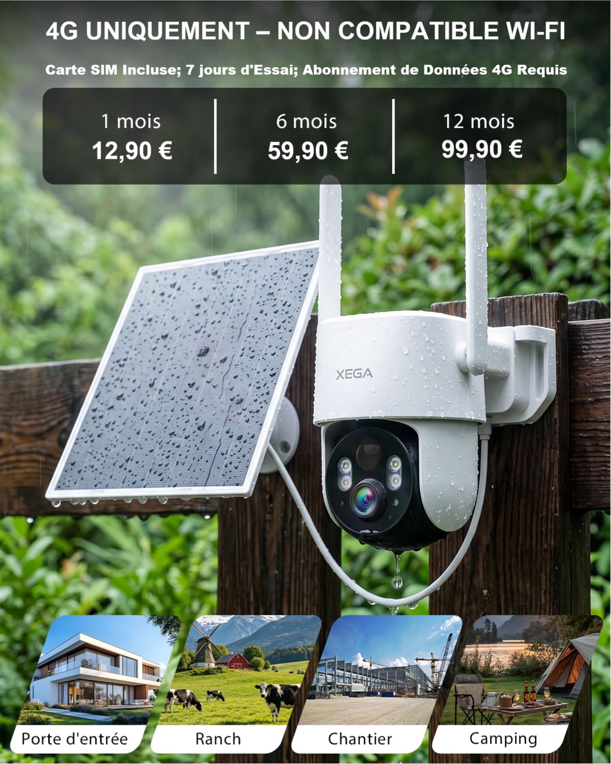 Xega Caméra 4G Solaire AOV 24/7 2K avec Carte SIM – Sans Wi-Fi
