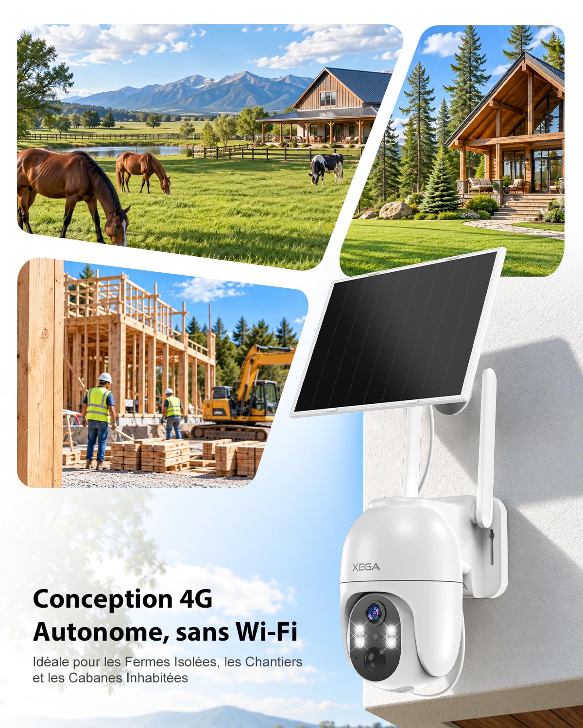 Xega 4G LTE Caméra Surveillance Solaire avec Carte SIM,Enregistrement 24h