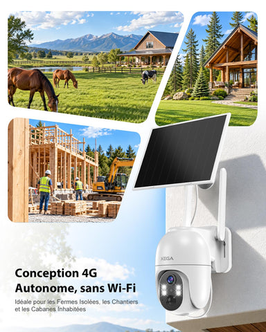 Xega 4G LTE Caméra Surveillance Solaire avec Carte SIM,Enregistrement 24h