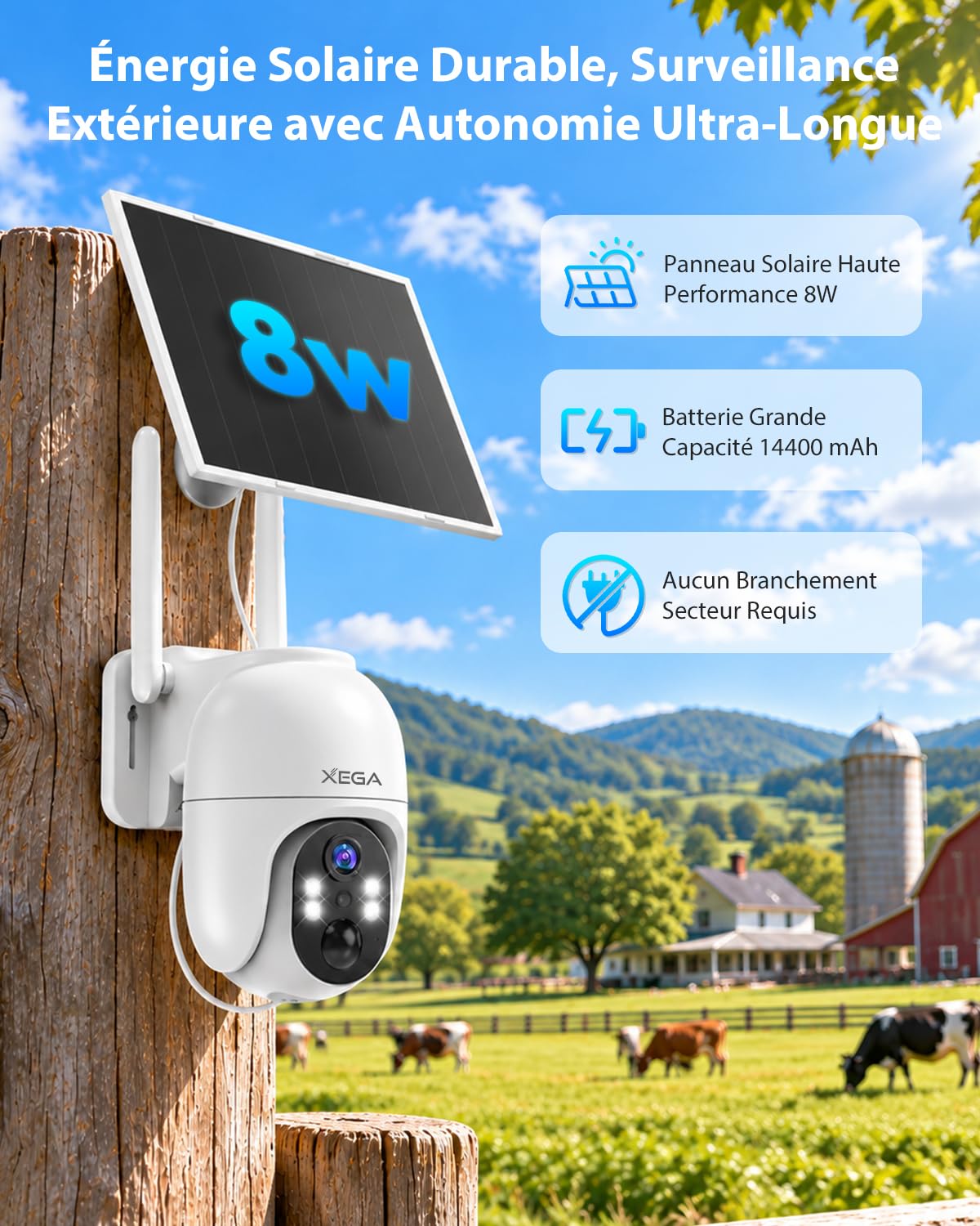Xega 4G LTE Caméra Surveillance Solaire avec Carte SIM,Enregistrement 24h