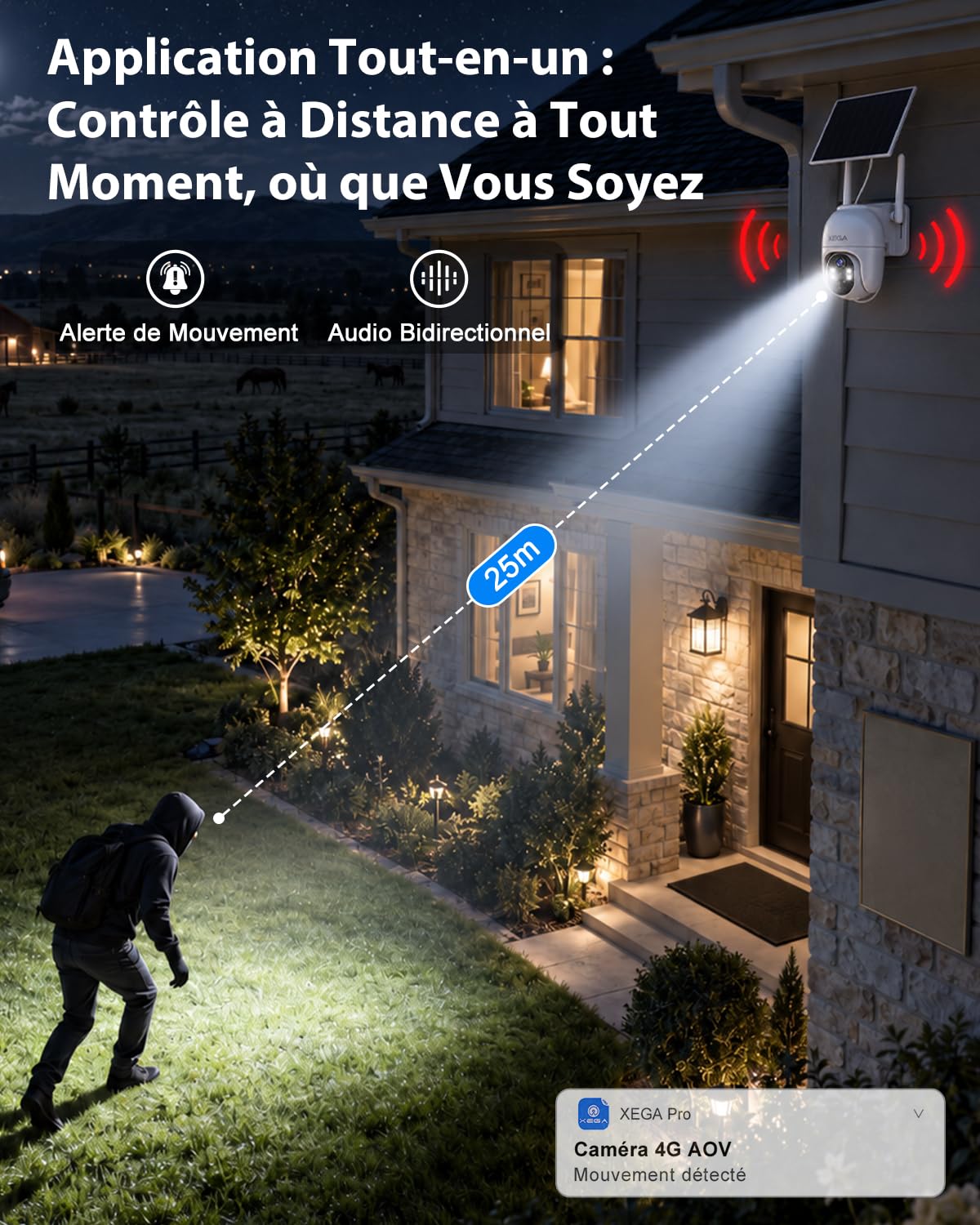 Xega 4G LTE Caméra Surveillance Solaire avec Carte SIM,Enregistrement 24h