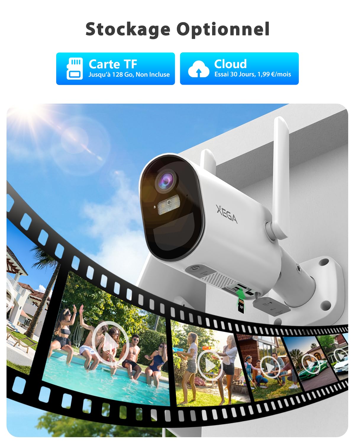 Xega Caméra de Surveillance 4G Solaire 2K avec Carte SIM – Sans Wi‑Fi, Batterie 7 800 mAh
