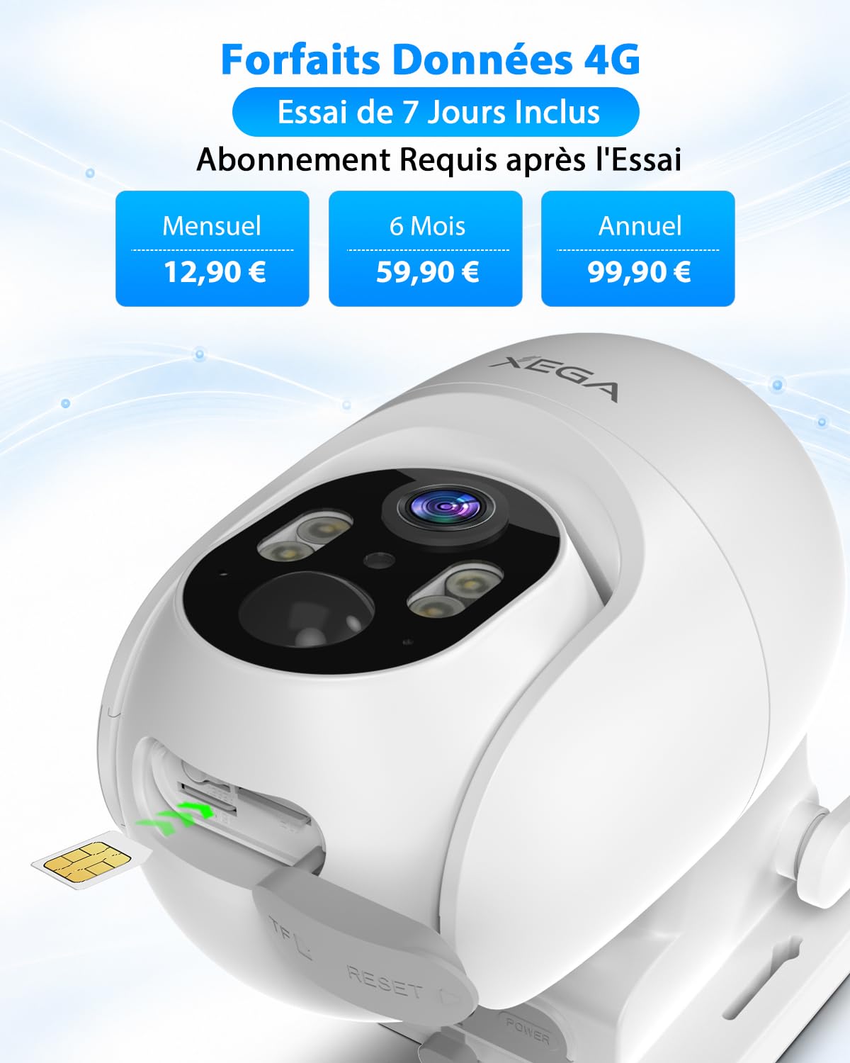 Xega 4G LTE Caméra Surveillance Solaire avec Carte SIM,Enregistrement 24h