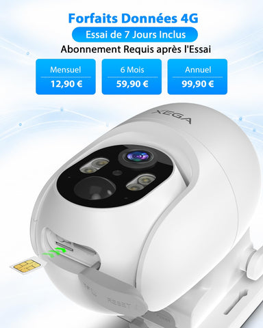 Xega 4G LTE Caméra Surveillance Solaire avec Carte SIM,Enregistrement 24h