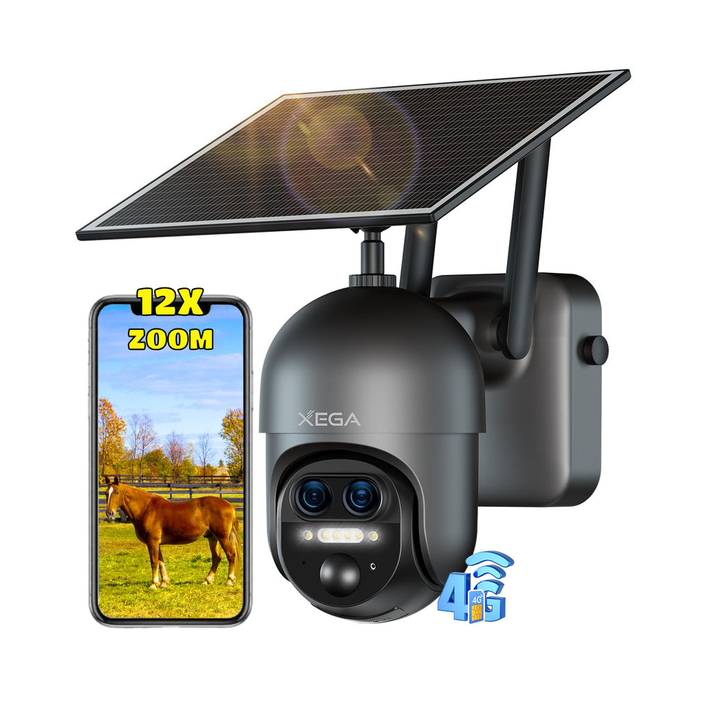 Xega 4G LTE 12X Zoom Hybride Caméra Surveillance Solaire Exterieure sans Fil,2K PTZ Double Objectif,AI Détection Humaine/PIR