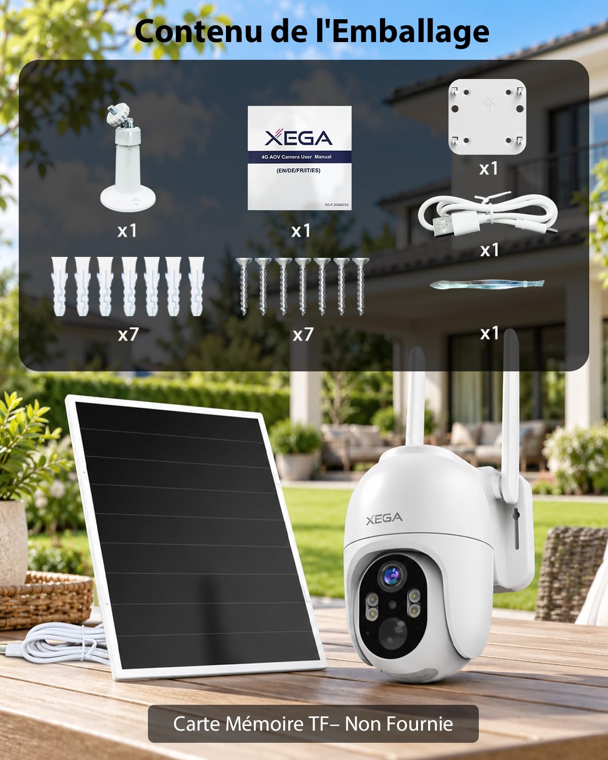 Xega 4G LTE Caméra Surveillance Solaire avec Carte SIM,Enregistrement 24h