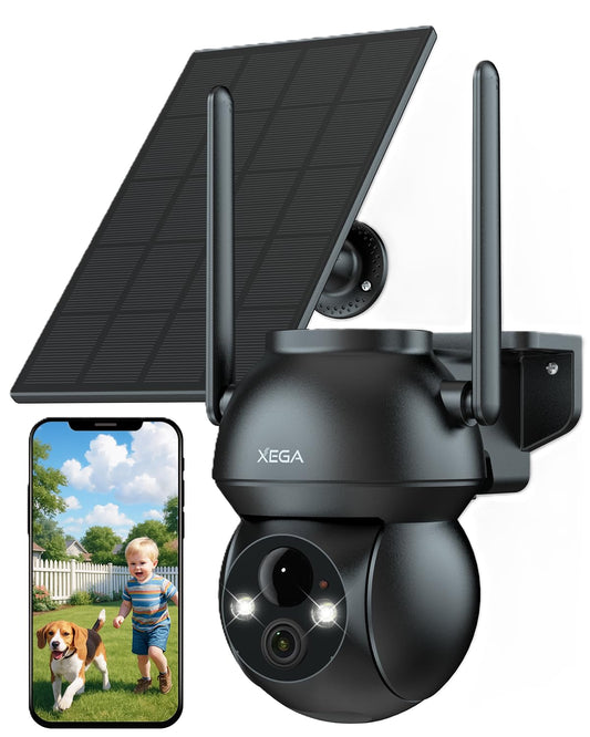 Xega Camera Solaire Exterieur WiFi sans Fil, 2K PTZ IP Camera Surveillance Vision Nocturne Colorée, Détection Humaine PIR, Étanche