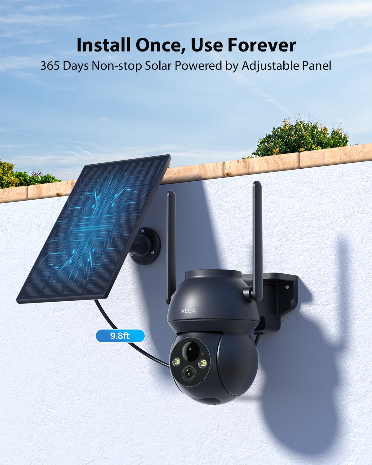 Xega Camera Solaire Exterieur WiFi sans Fil, 2K PTZ IP Camera Surveillance Vision Nocturne Colorée, Détection Humaine PIR, Étanche