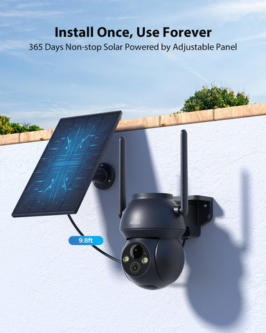 Xega Camera Solaire Exterieur WiFi sans Fil, 2K PTZ IP Camera Surveillance Vision Nocturne Colorée, Détection Humaine PIR, Étanche