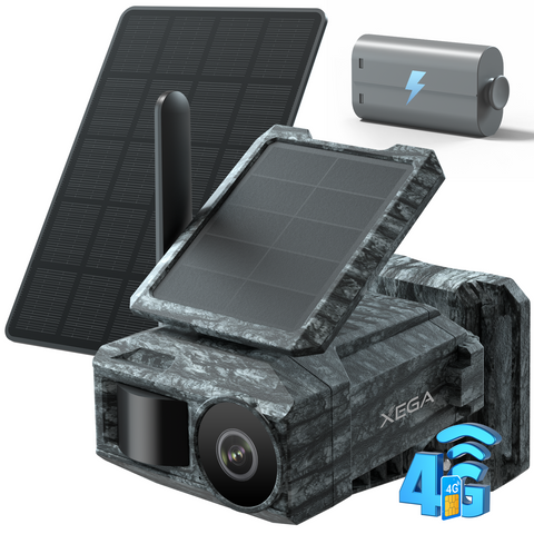 Xega 4G Caméra Solaire avec Carte SIM & 2 Panneaux, Extérieure Camera Chasse 4G sans Fil, Détection de Mouvement, Vision Nocturne sans Lumière