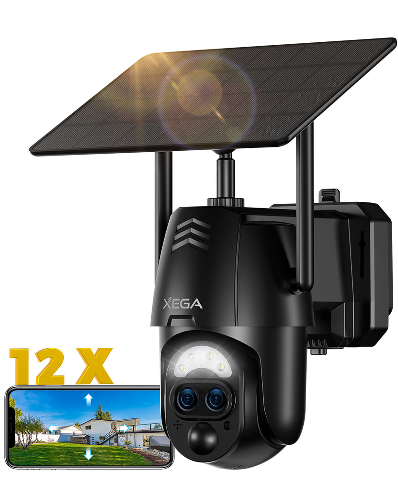 【12X-Hybrid Zoom】Xega Caméra WiFi Exterieur sans fil Solaire Double Objectif, AI Détection Personne, 2K Caméra Surveillance , Etanche IP67