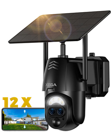 【12X-Hybrid Zoom】Xega Caméra WiFi Exterieur sans fil Solaire Double Objectif, AI Détection Personne, 2K Caméra Surveillance , Etanche IP67