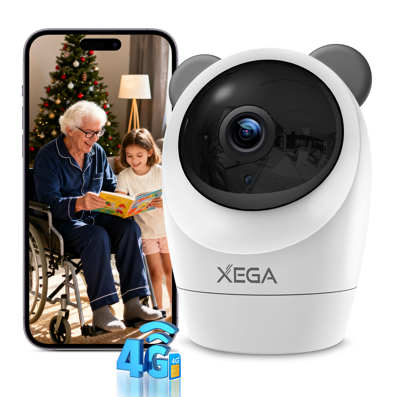 Xega 4G Caméra Surveillance Intérieur avec Carte SIM Filaire,Interieur sans WiFi,355°P 60°T,Détection de Mouvement
