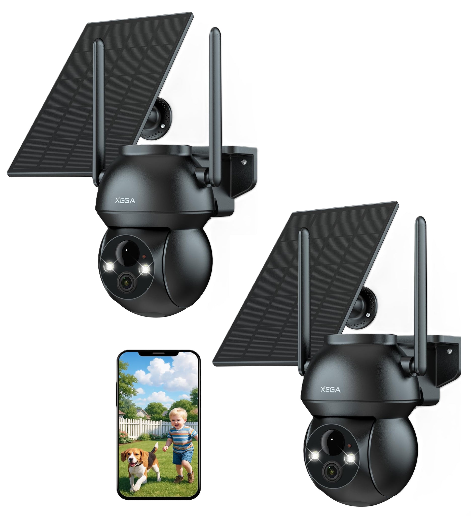 Xega Camera Solaire Exterieur WiFi sans Fil, 2K PTZ IP Camera Surveillance Vision Nocturne Colorée, Détection Humaine PIR, Étanche