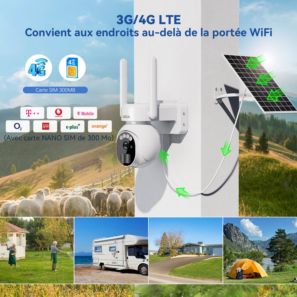 3G/4G LTE Caméra Surveillance Solaire, IP Camera Extérieure sans Fil 2K HD, Détection de Mouvement - fr.xega 