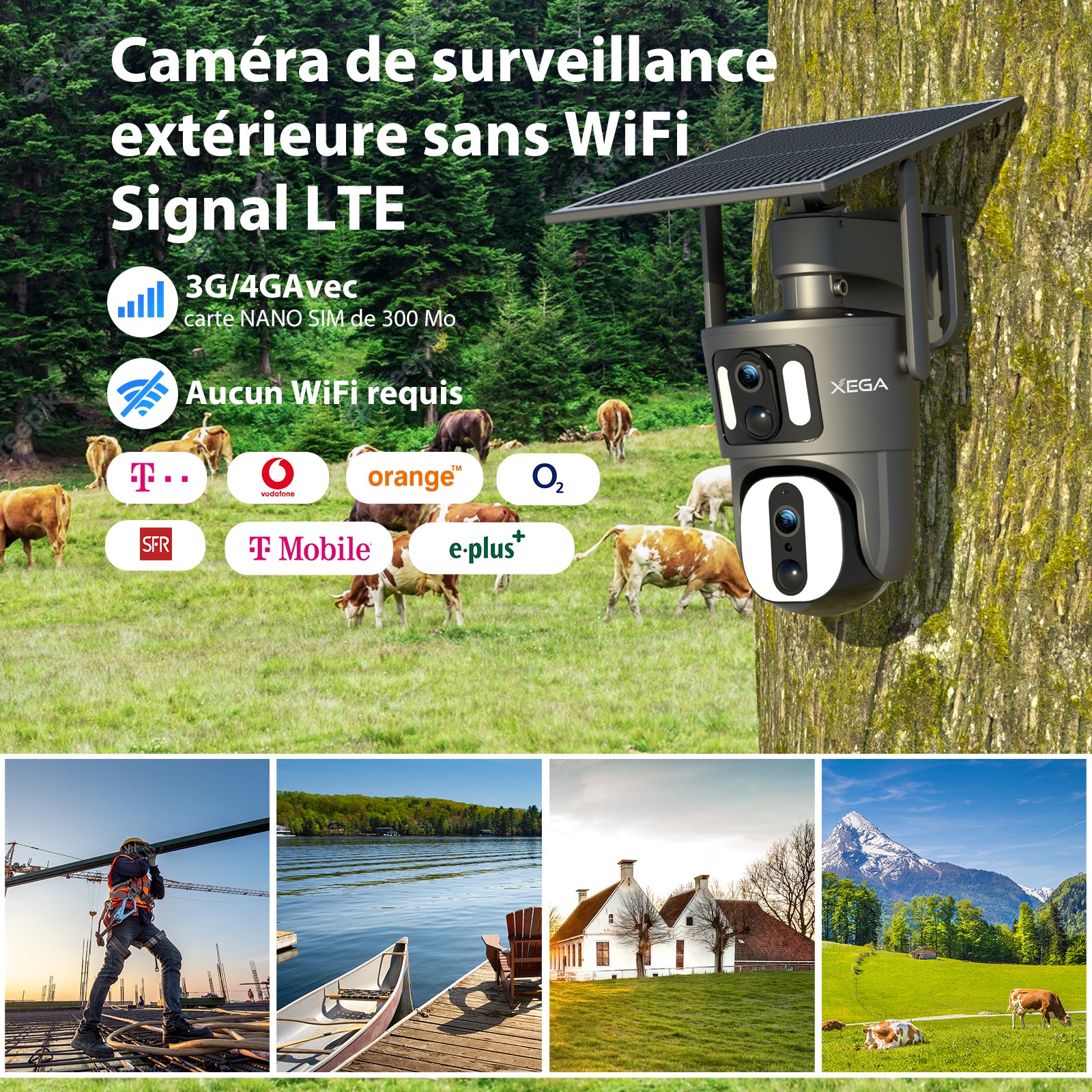 4G LTE Caméra de Sécurité Extérieure à Double Objectif sans Fil Extérieure Vue à 360 ° - fr.xega 
