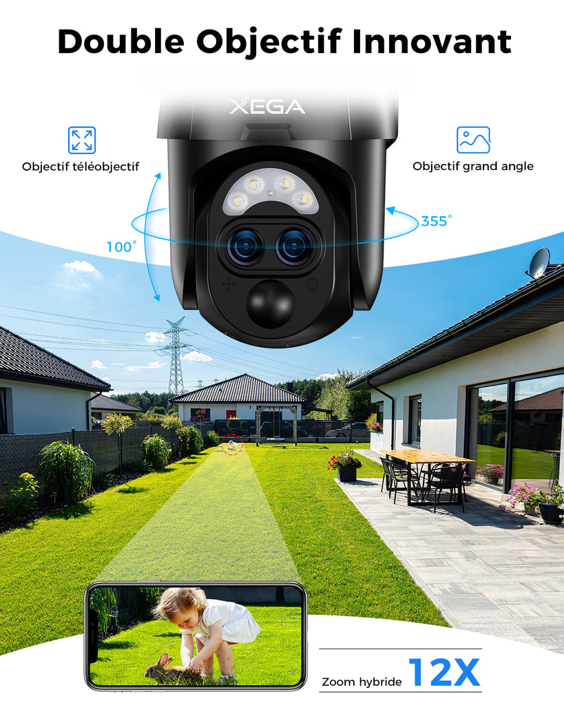 【12X-Hybrid Zoom】Xega Caméra WiFi Exterieur sans fil Solaire Double Objectif, AI Détection Personne, 2K Caméra Surveillance , Etanche IP67