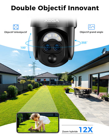 【12X-Hybrid Zoom】Xega Caméra WiFi Exterieur sans fil Solaire Double Objectif, AI Détection Personne, 2K Caméra Surveillance , Etanche IP67