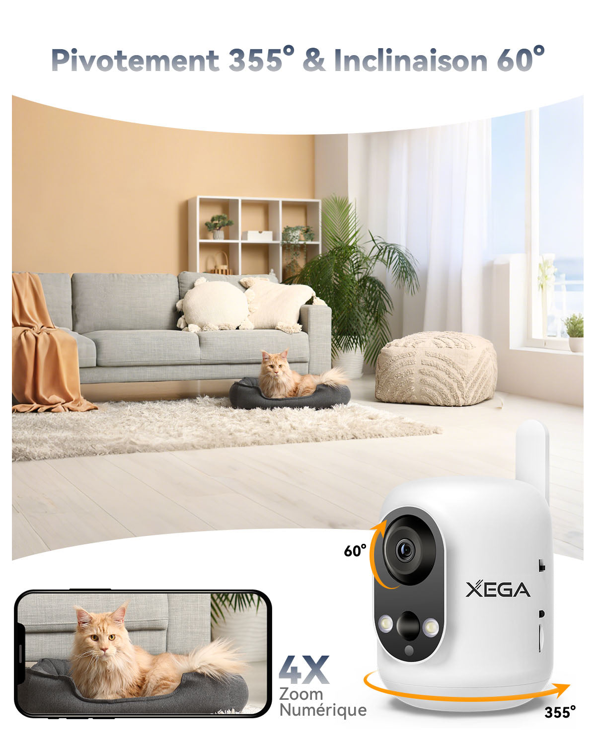 Xega 4G LTE Caméra Surveillance Intérieure avec Carte SIM sans Fil,Bébé/Animaux/Âgées, 6000mAh Batteries,PIR Détection