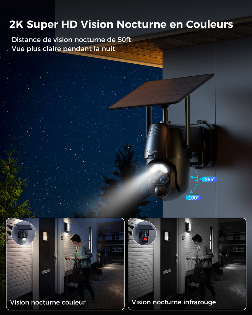 【12X-Hybrid Zoom】Xega Caméra WiFi Exterieur sans fil Solaire Double Objectif, AI Détection Personne, 2K Caméra Surveillance , Etanche IP67