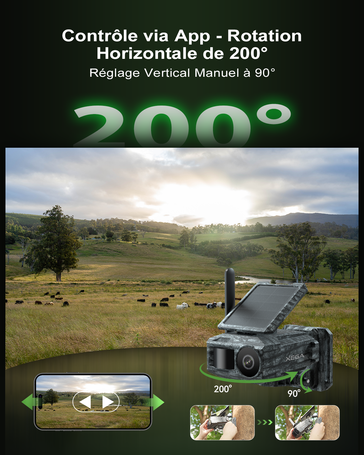 Xega 4G Caméra Solaire avec Carte SIM & 2 Panneaux, Extérieure Camera Chasse 4G sans Fil, Détection de Mouvement, Vision Nocturne sans Lumière