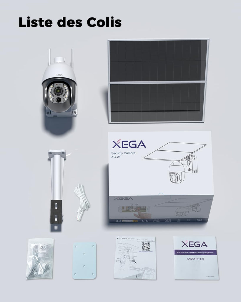 Xega 5MP【10X Zoom Optique】 4G LTE Caméra Surveillance avec Carte SIM 20W Panneau Solaire 30,000mAh Batterie Camera Enregistrement Continu 24/7