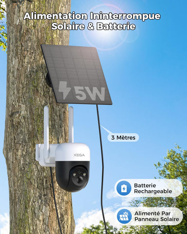 XEGA 4G LTE Camera Solaire avec Carte SIM, 3MP IP Caméra Surveillance Extérieure sans Fil à Batterie, PTZ Détection de Mouvement Personnalisée Projecteur