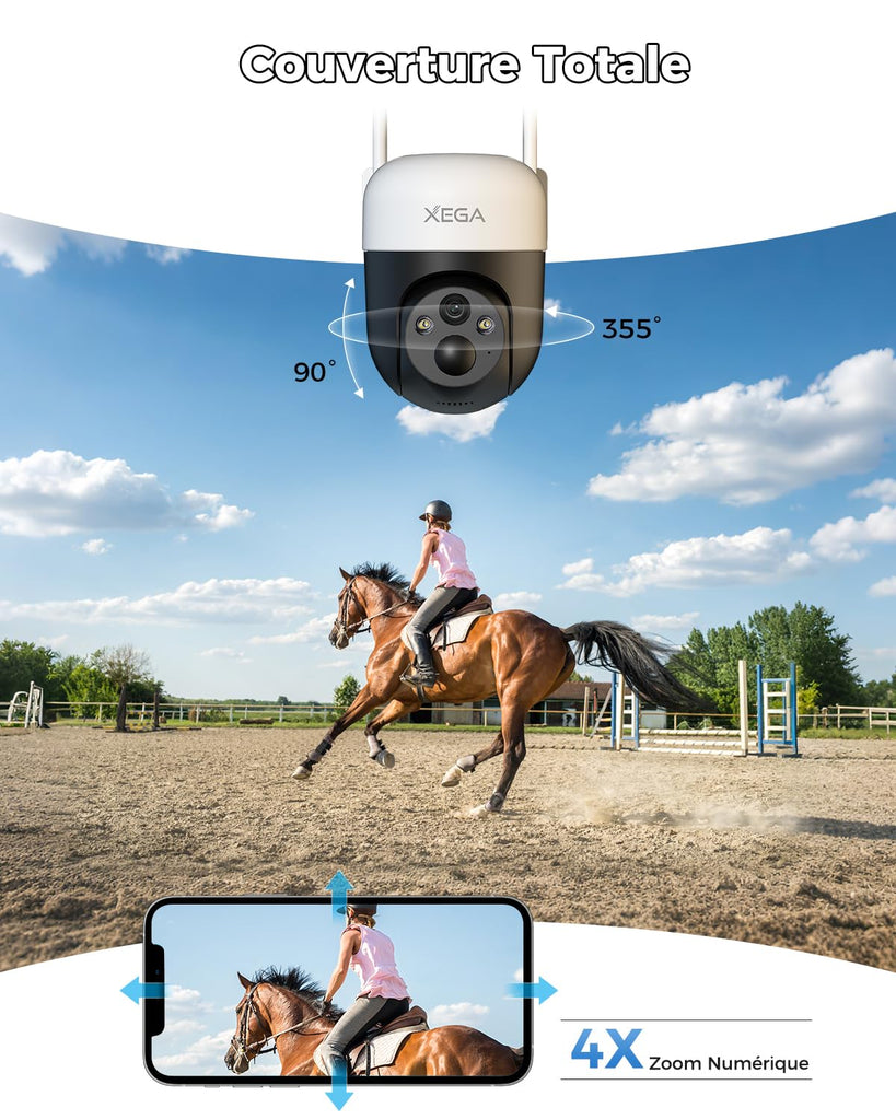 XEGA 4G LTE Camera Solaire avec Carte SIM, 3MP IP Caméra Surveillance Extérieure sans Fil à Batterie, PTZ Détection de Mouvement Personnalisée Projecteur