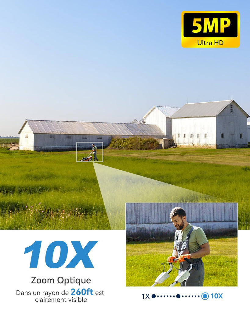 Xega 5MP【10X Zoom Optique】 4G LTE Caméra Surveillance avec Carte SIM 20W Panneau Solaire 30,000mAh Batterie Camera Enregistrement Continu 24/7