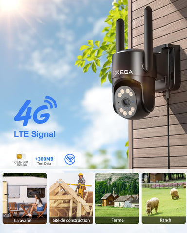 Xega 4G LTE Caméra Surveillance avec Carte SIM【24/7 Enregistrement】, AI Détection Humaine Suivi