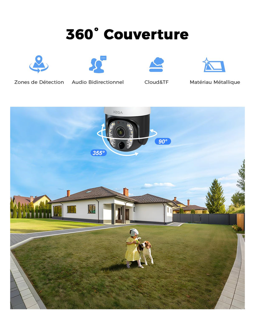 Xega 5MP【10X Zoom Optique】 4G LTE Caméra Surveillance avec Carte SIM 20W Panneau Solaire 30,000mAh Batterie Camera Enregistrement Continu 24/7