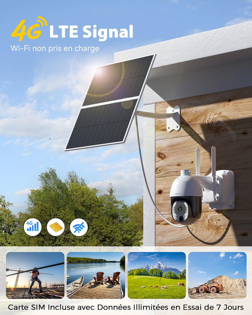 Xega 5MP【10X Zoom Optique】 4G LTE Caméra Surveillance avec Carte SIM 20W Panneau Solaire 30,000mAh Batterie Camera Enregistrement Continu 24/7