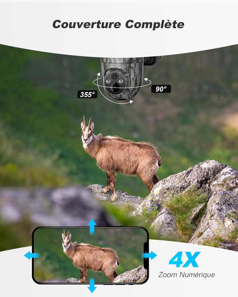 4G LTE Camera de Chasse avec Carte Sim, 2K 3MP IP Caméra Solaire Extérieure sans Fil à Batterie, PTZ Projecteur/Sirène Détection de Mouvement Personnalisée
