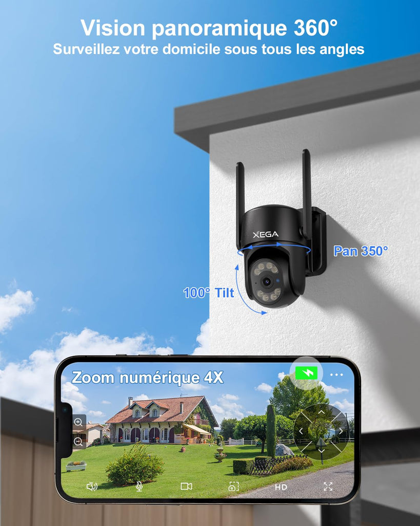 Xega 4G LTE Caméra Surveillance avec Carte SIM【24/7 Enregistrement】, AI Détection Humaine Suivi
