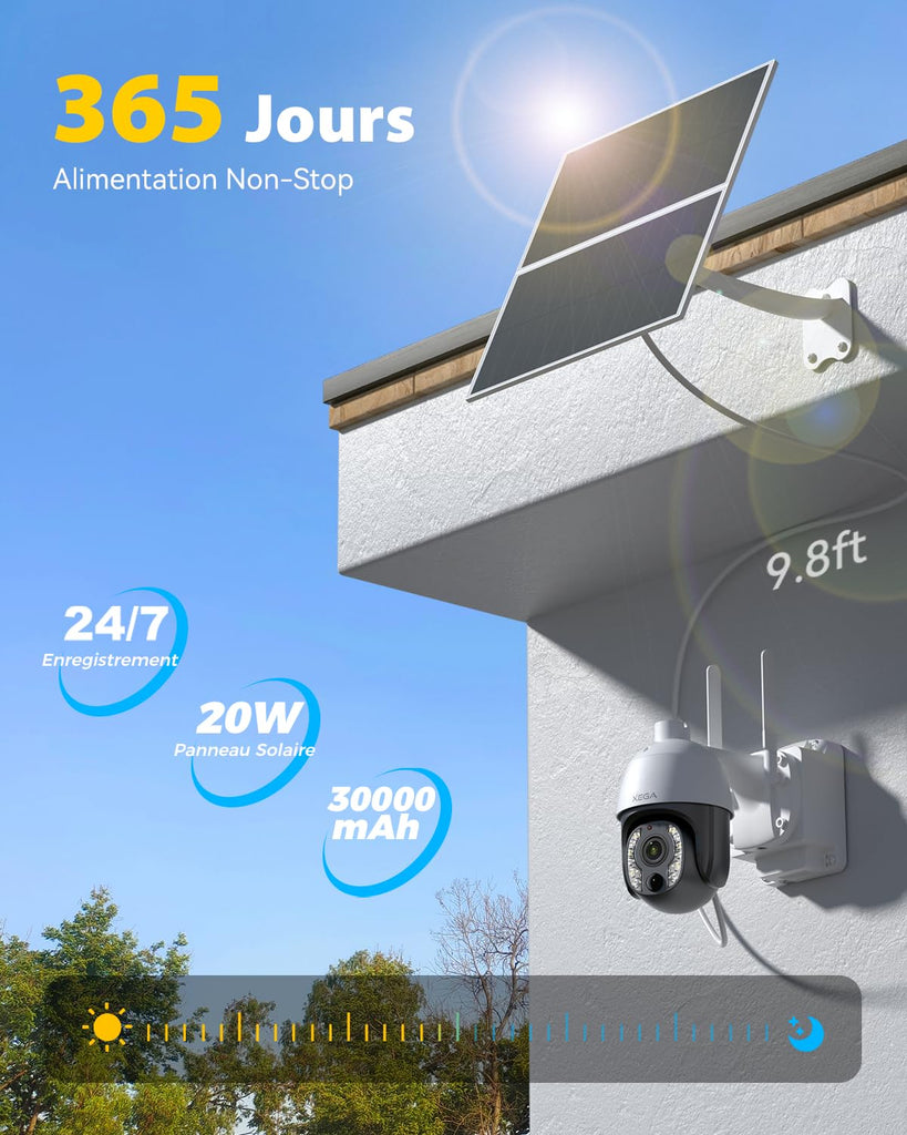 Xega 5MP【10X Zoom Optique】 4G LTE Caméra Surveillance avec Carte SIM 20W Panneau Solaire 30,000mAh Batterie Camera Enregistrement Continu 24/7