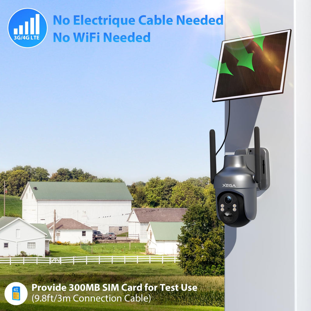 Xega 3G/4G LTE Caméra Surveillance Solaire Extérieure sans Fil, 2K PTZ Caméra IP Carte SIM Intégrée avec 30M Vision Nocturne Couleur, PIR Détection