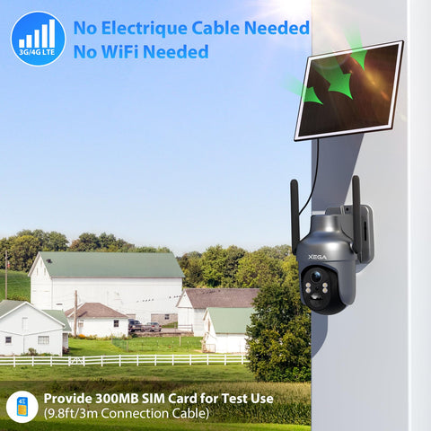 Xega 3G/4G LTE Caméra Surveillance Solaire Extérieure sans Fil, 2K PTZ Caméra IP Carte SIM Intégrée avec 30M Vision Nocturne Couleur, PIR Détection