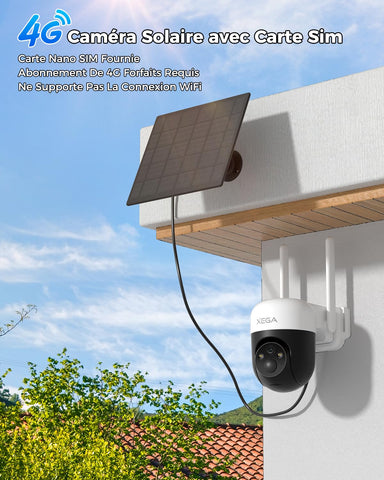 XEGA 4G LTE Camera Solaire avec Carte SIM, 3MP IP Caméra Surveillance Extérieure sans Fil à Batterie, PTZ Détection de Mouvement Personnalisée Projecteur