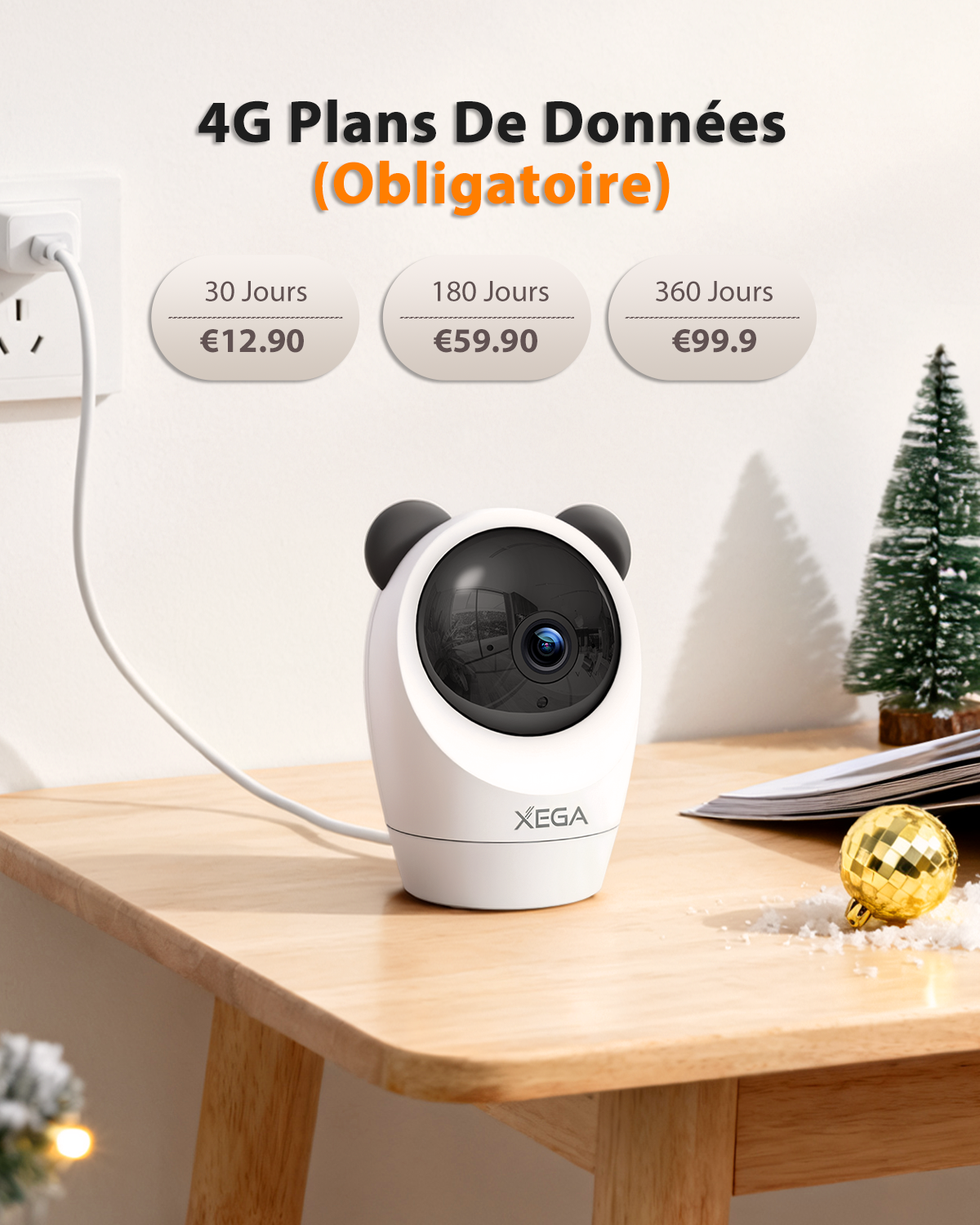 Xega 4G Caméra Surveillance Intérieur avec Carte SIM Filaire,Interieur sans WiFi,355°P 60°T,Détection de Mouvement