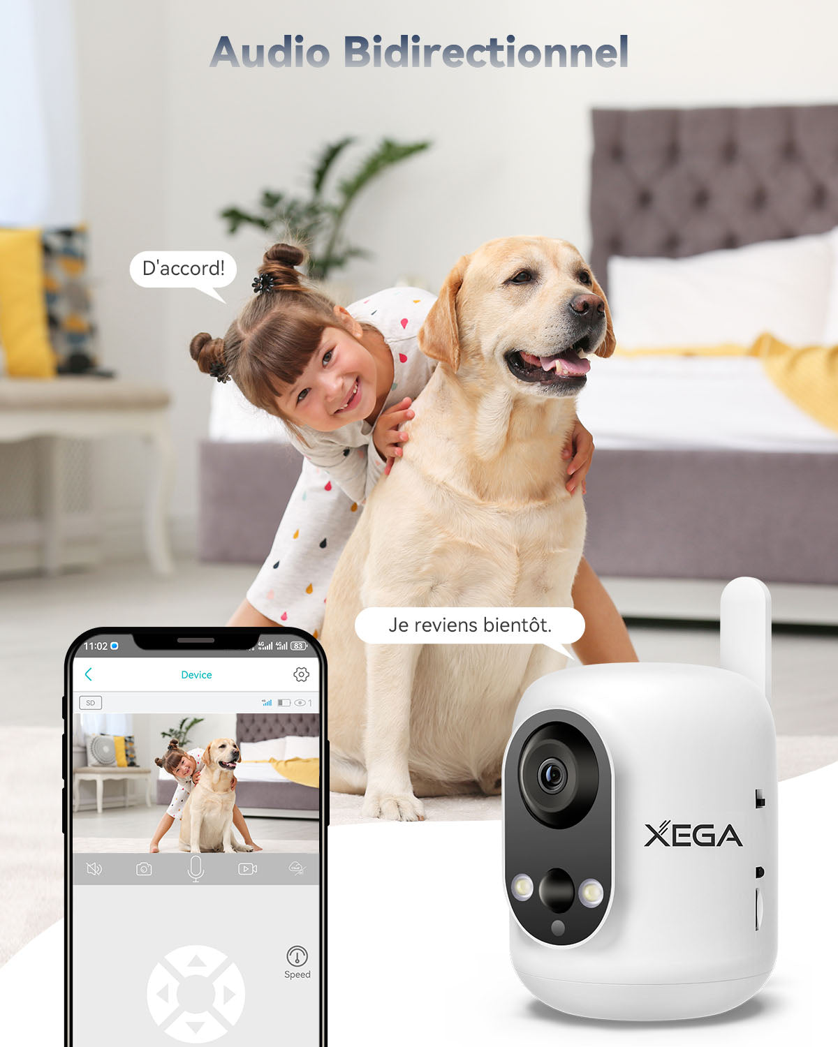 Xega 4G LTE Caméra Surveillance Intérieure avec Carte SIM sans Fil,Bébé/Animaux/Âgées, 6000mAh Batteries,PIR Détection