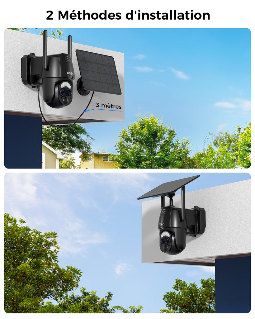 【12X-Hybrid Zoom】Xega Caméra WiFi Exterieur sans fil Solaire Double Objectif, AI Détection Personne, 2K Caméra Surveillance , Etanche IP67
