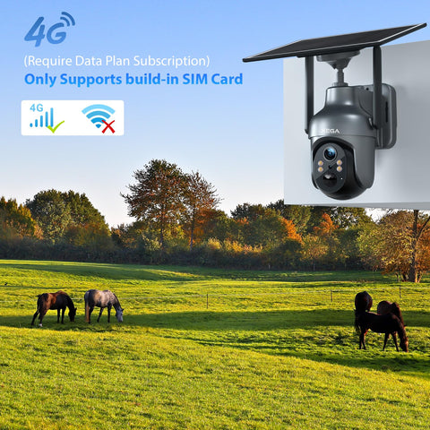 Xega 3G/4G LTE Caméra Surveillance Solaire Extérieure sans Fil, 2K PTZ Caméra IP Carte SIM Intégrée avec 30M Vision Nocturne Couleur, PIR Détection