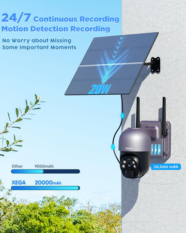 Xega 4G LTE Caméra Surveillance Solaire avec Carte SIM 20W Panneau Solaire,【Enregistrement Continu 24/7】20,000mAh Batterie