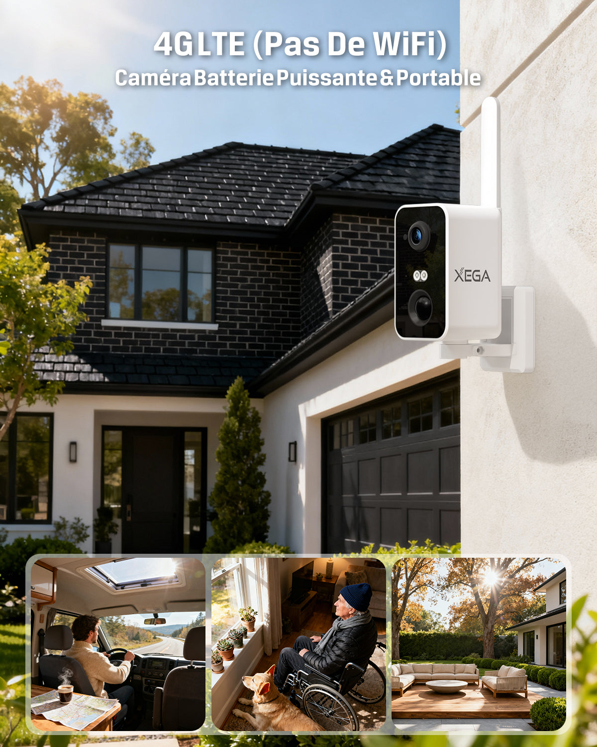 Xega Portable 4G Camera Surveillance avec Carte SIM, CCTV Caméra sans Wi-FI avec Batterie 10000mAh,Pan 180