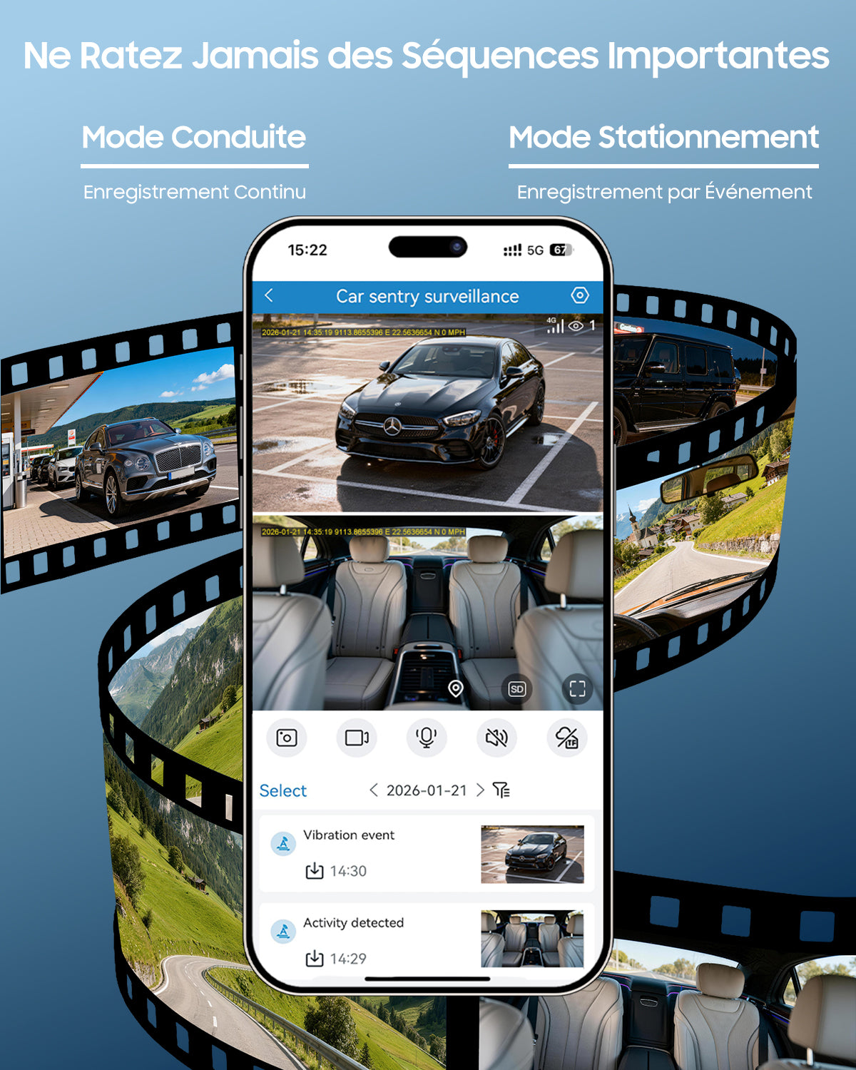 XEGA 2K 4G Dashcam Voiture avec Carte SIM, OBD Camera Voiture sans WiFi