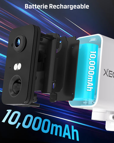 Xega Portable 4G Camera Surveillance avec Carte SIM, CCTV Caméra sans Wi-FI avec Batterie 10000mAh,Pan 180