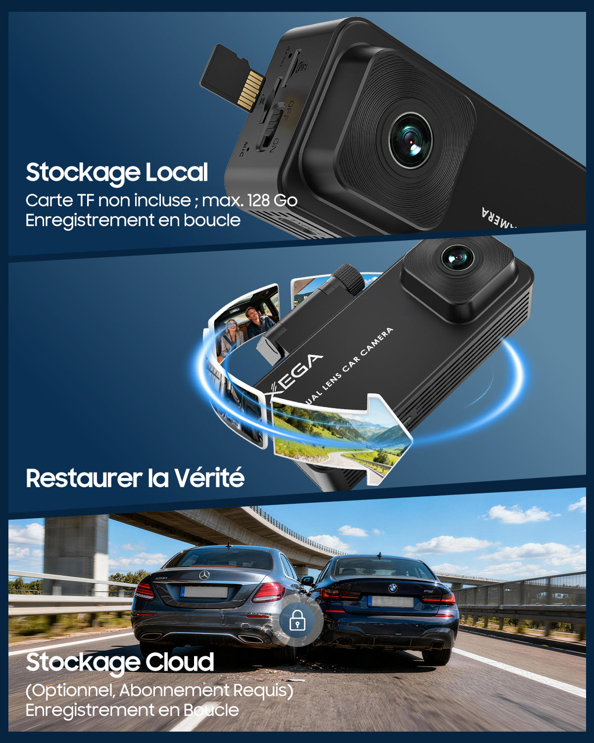 XEGA 2K 4G Dashcam Voiture avec Carte SIM, OBD Camera Voiture sans WiFi